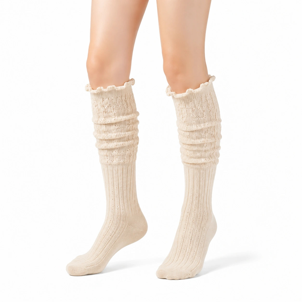 Calze al ginocchio 35-38 in maglia beige con bordo volant stile romantico